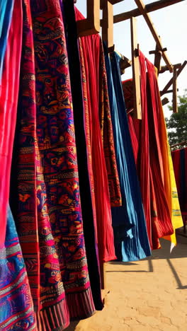 colorful textiles drying on wooden racks
