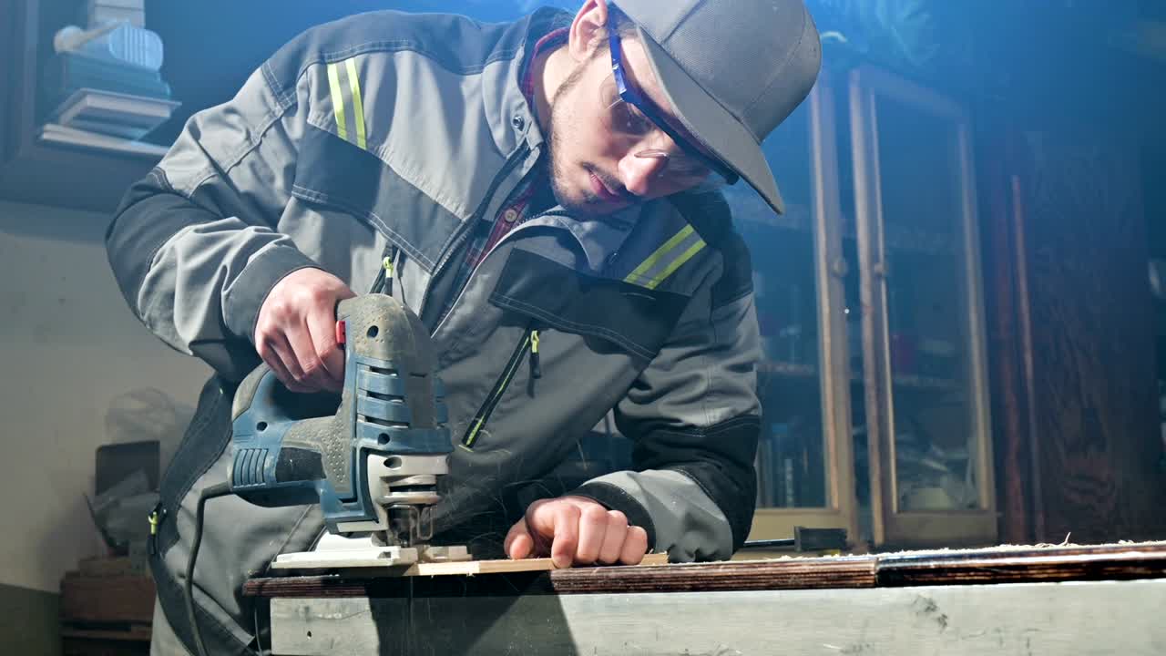 회색 오버롤과 보호 안경을 입은 수염을 가진 젊은 남자가 직업으로 목수는 그의 집 작업장에서 전기 퍼즐로 일합니다.