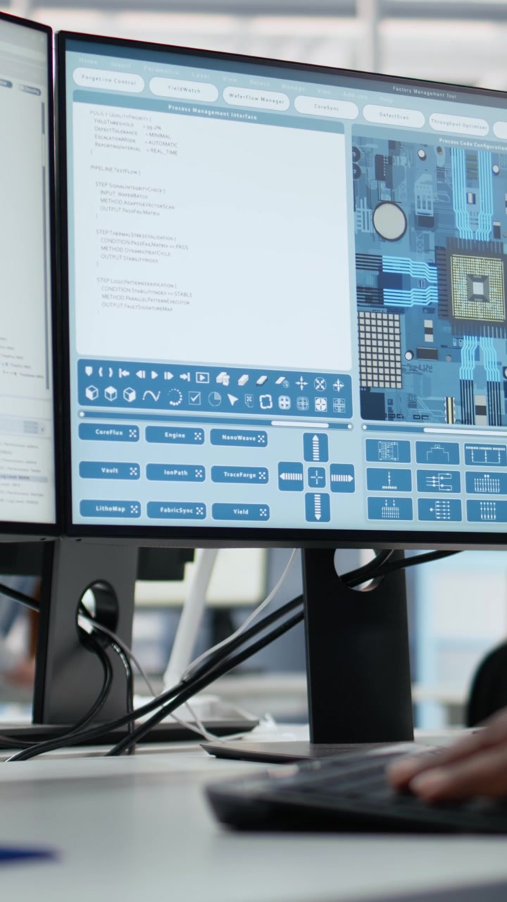 Vertical video Analyzing PCB architecture, PC close up and technician in semiconductors factory