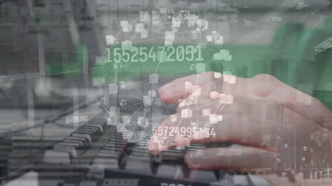 animación de conexiones sobre las manos de un niño caucásico usando computadora