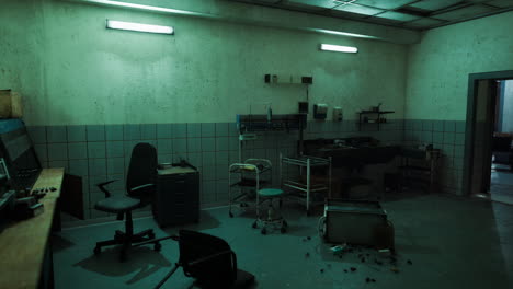 abandoned medical room with scattered equipment and eerie green lighting