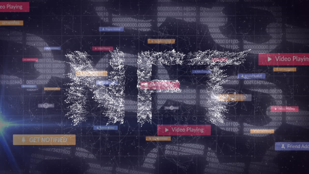 banner de texto nft e iconos de redes sociales contra la red de conexiones y el icono de la cadena de seguridad