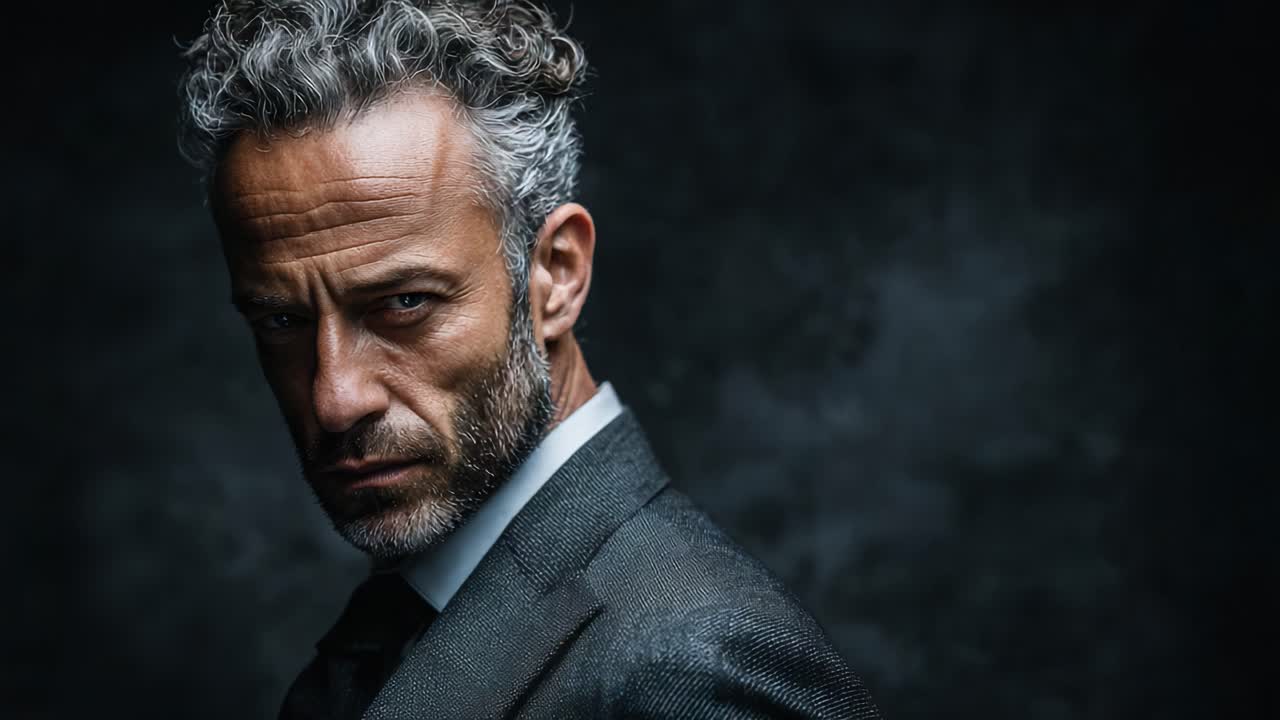 Ritratto accattivante di un uomo distinto con capelli sale e pepe, che enfatizza intensità e profondità in un'ambientazione drammatica con sfondo nero.