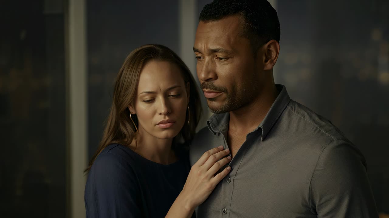 Leaning woman in dark blue blouse seeking calm, holding man's chest by highrise window, city lights