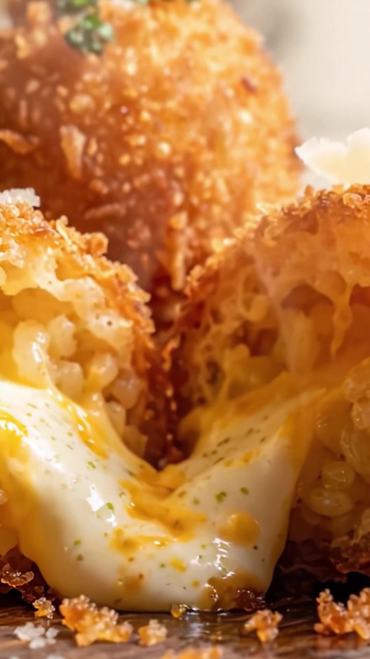 Arancini di Riso Ripieni di Formaggio Deliziosamente Croccanti: Un Boccone Paradisiaco Ripieno di Formaggio Ricco e Filante e una Crosta Perfettamente Dorata, Ideale da Condividere o Gustare da Soli