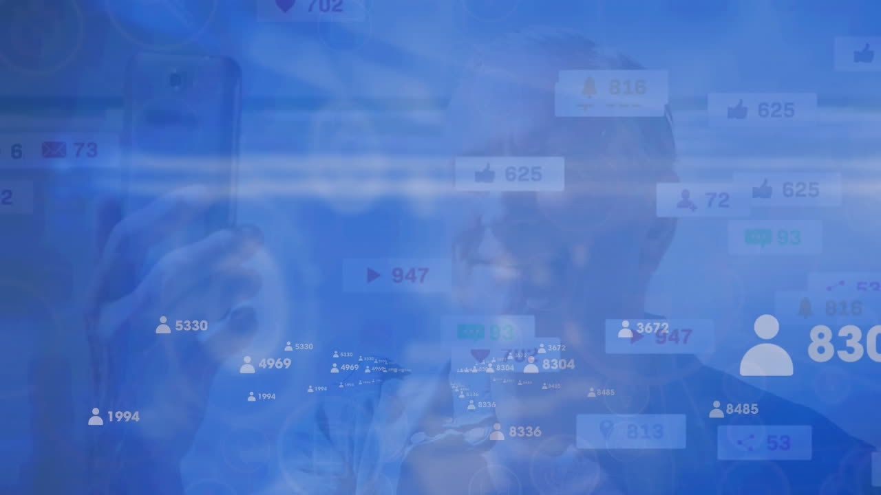 스마트폰을 사용하는 백인 남성들에 대한 아이콘과의 연결 네트워크의 애니메이션