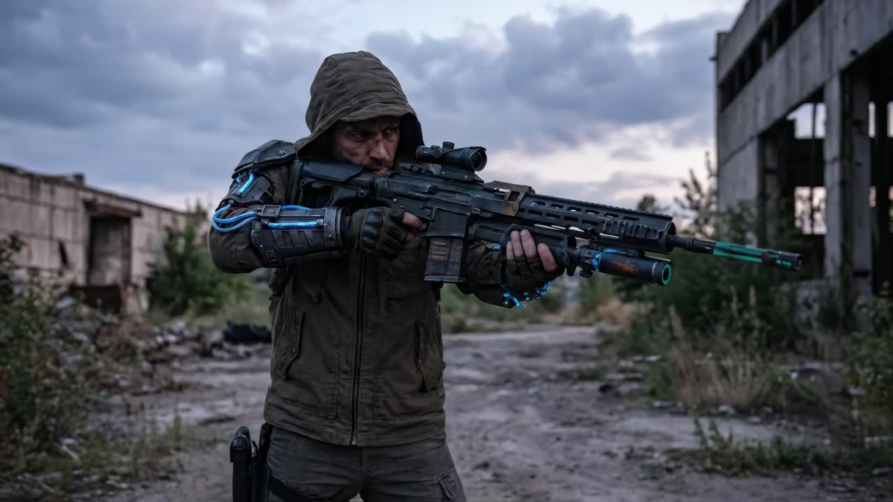 Futuristic Soldier Aiming Rifle in Post-Apocalyptic Urban Ruins