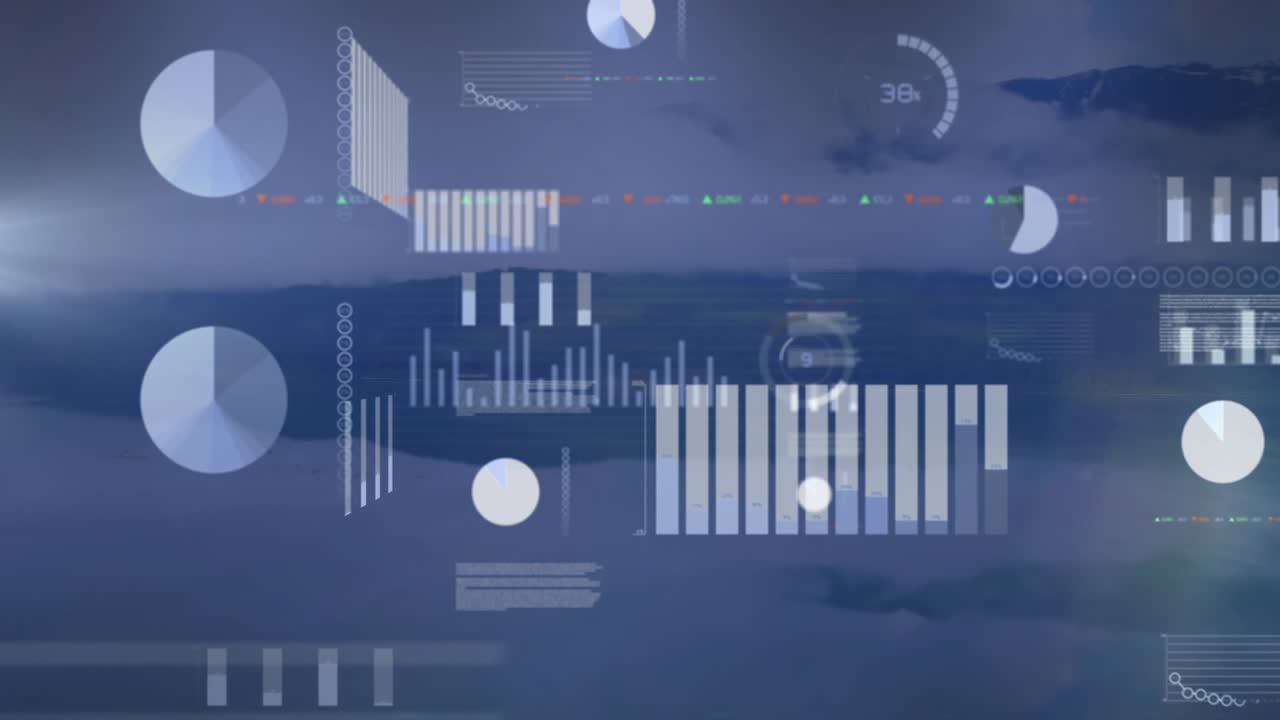 Animation of financial data processing over landscape