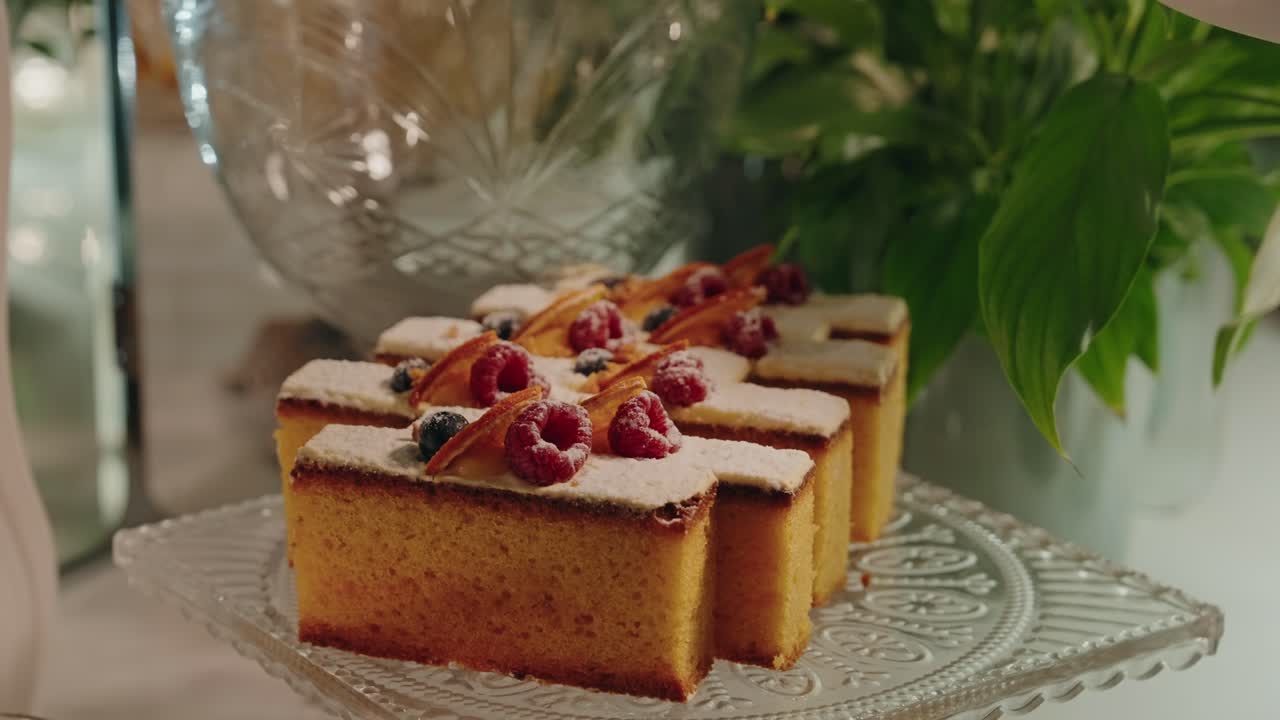 장식된 행사 디저트 테이블에 라즈베리, 블루베리, 감귤류를 토핑한 바닐라 스펀지 케이크 조각을 클로즈업한 모습