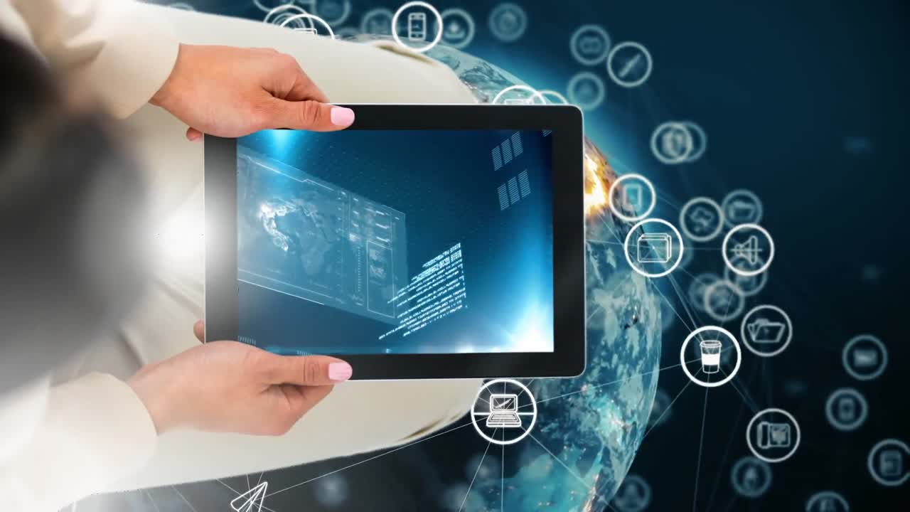 animación digital de una mujer sosteniendo una tableta digital que muestra la interfaz digital 4k