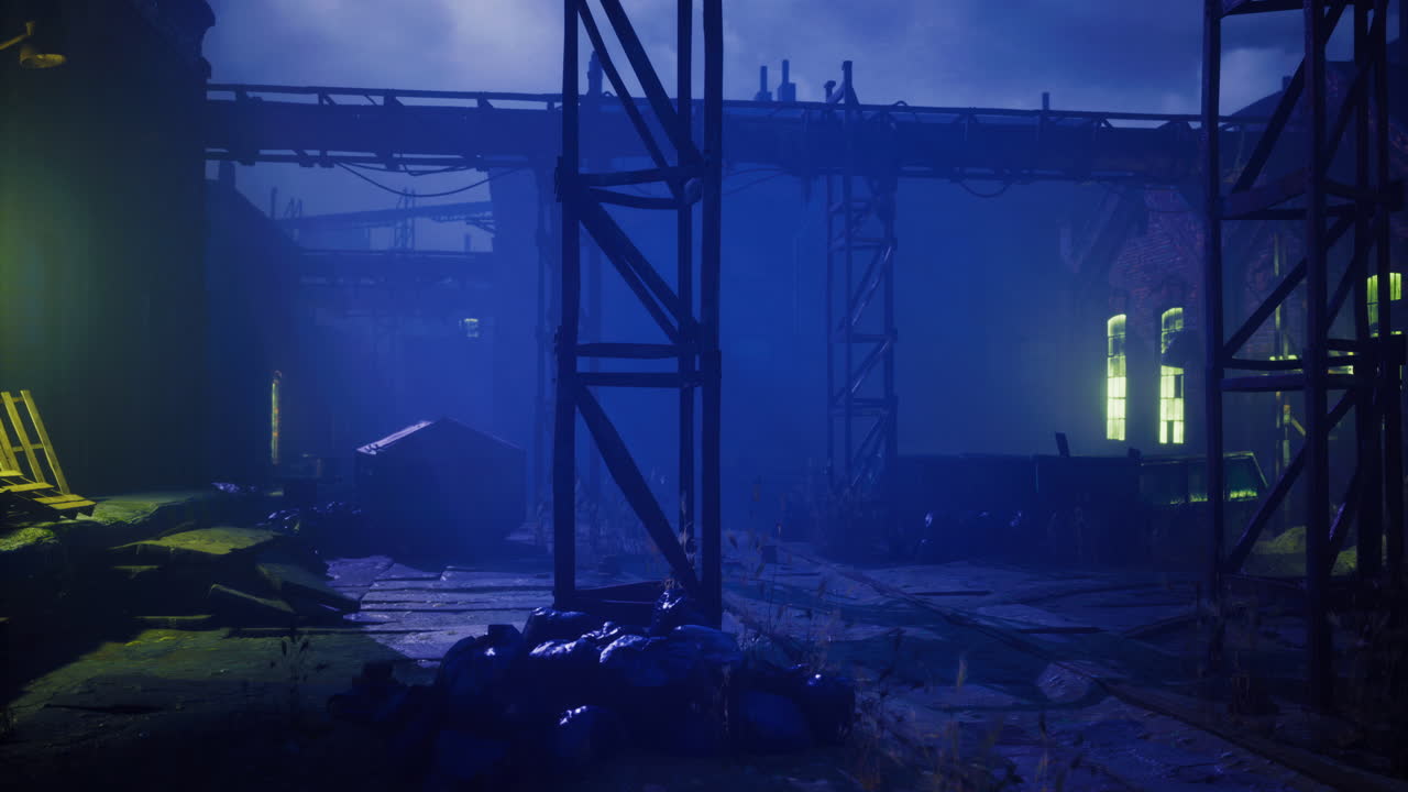 Mysterious urban landscape at dusk with industrial remnants and shadows