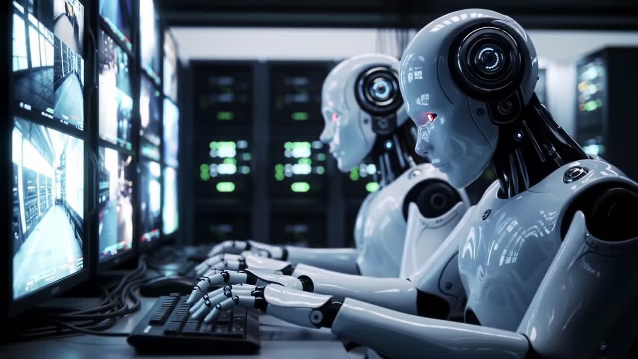 Futuristic Robots Engaged in Surveillance Operations: A Glimpse into Advanced Technology and AI Monitoring Systems in a High-Tech Control Center
