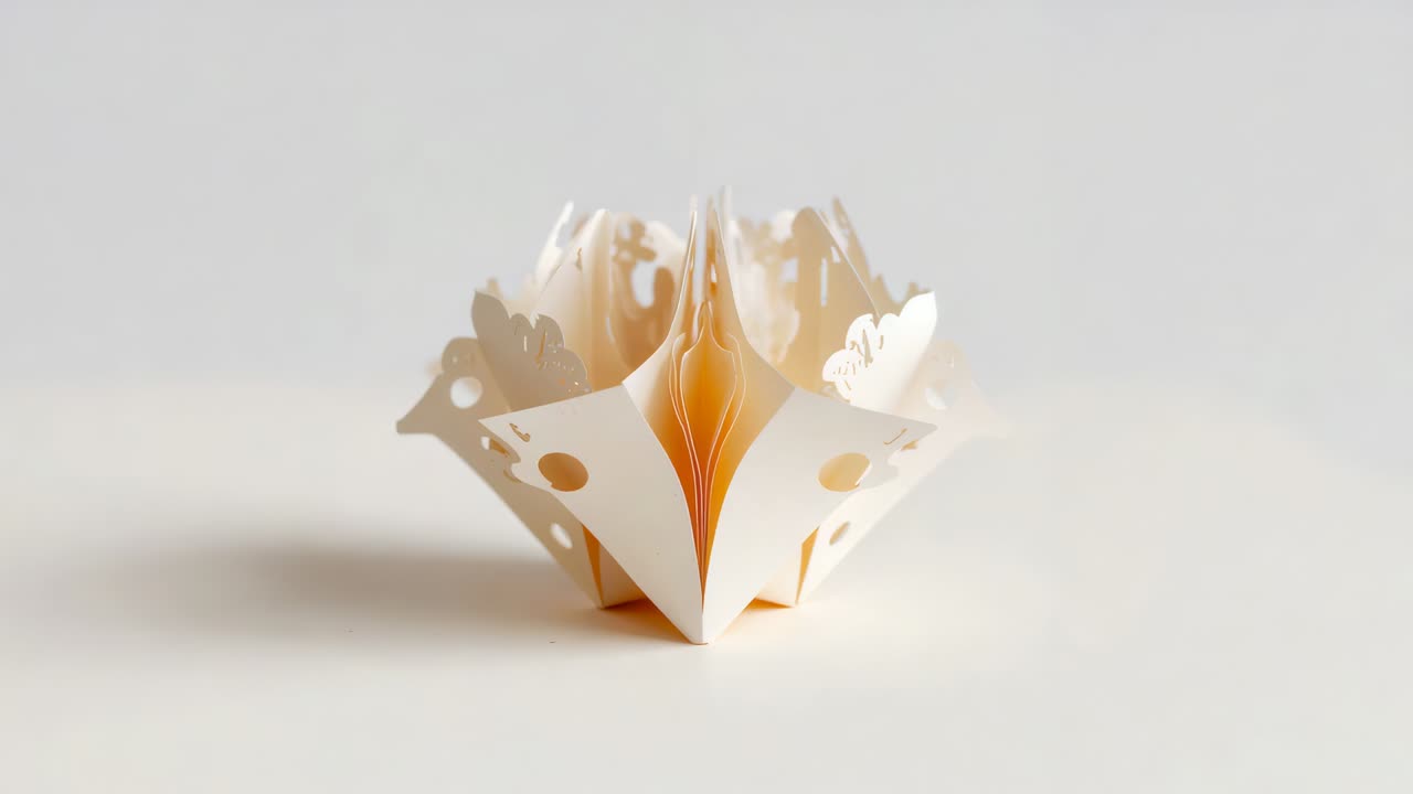 Opening white paper popup flower piece on tabletop, revealing layered cutouts as frames advance