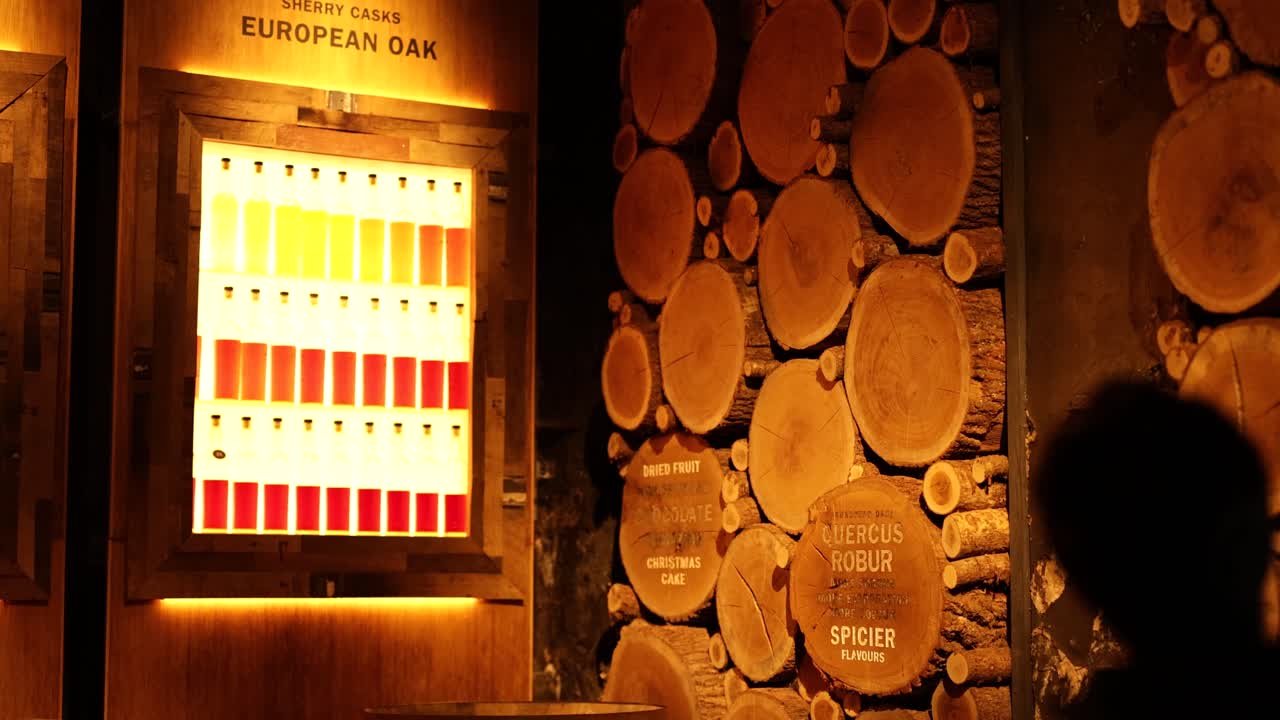 글렌고인 증류장에서 전시를 관찰하는 사람