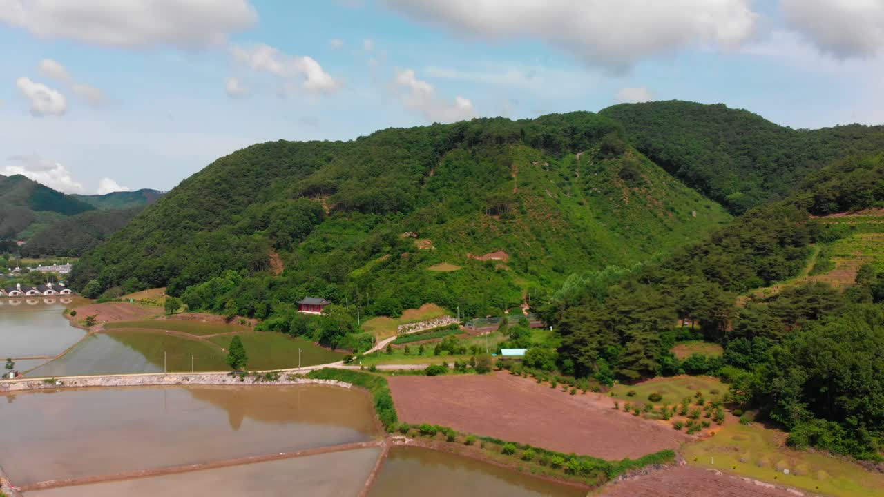 Aerial fly in towards asian temple