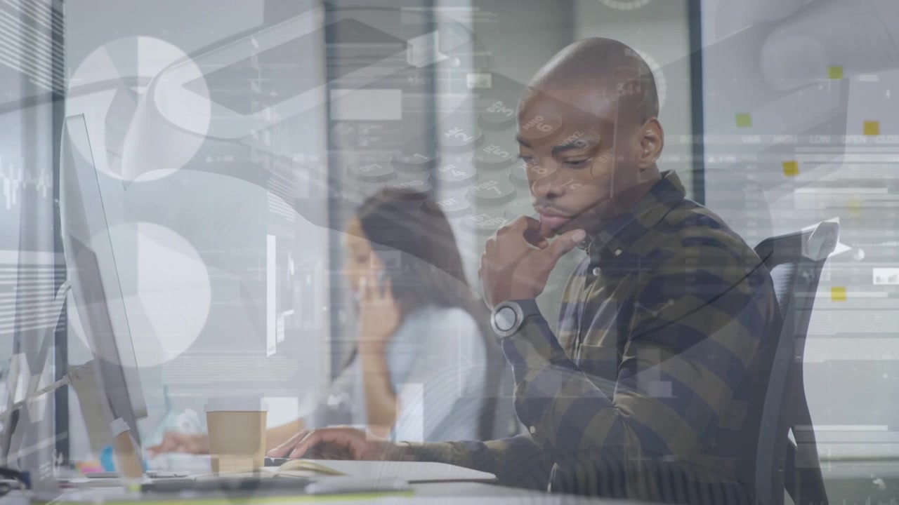 Animation of financial data processing over diverse business people