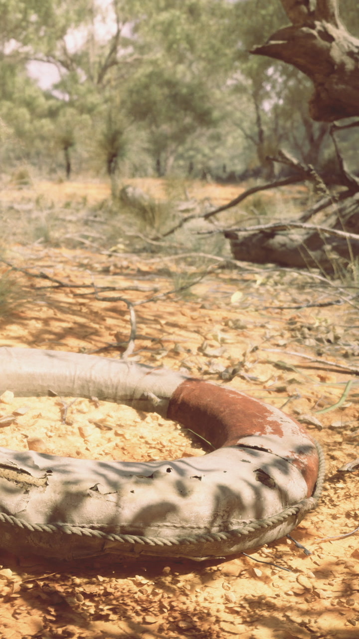 Old tire laying on ground in a dry area with trees around it