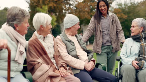 friends, happy and senior people in park