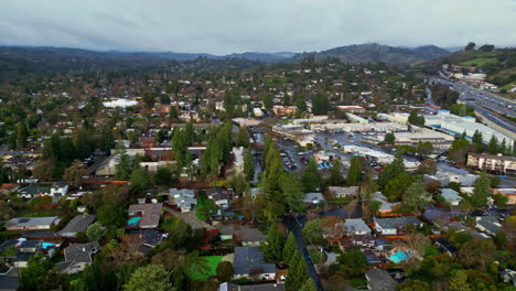 drone shot of sprawling california neighborhoods with overcast skies