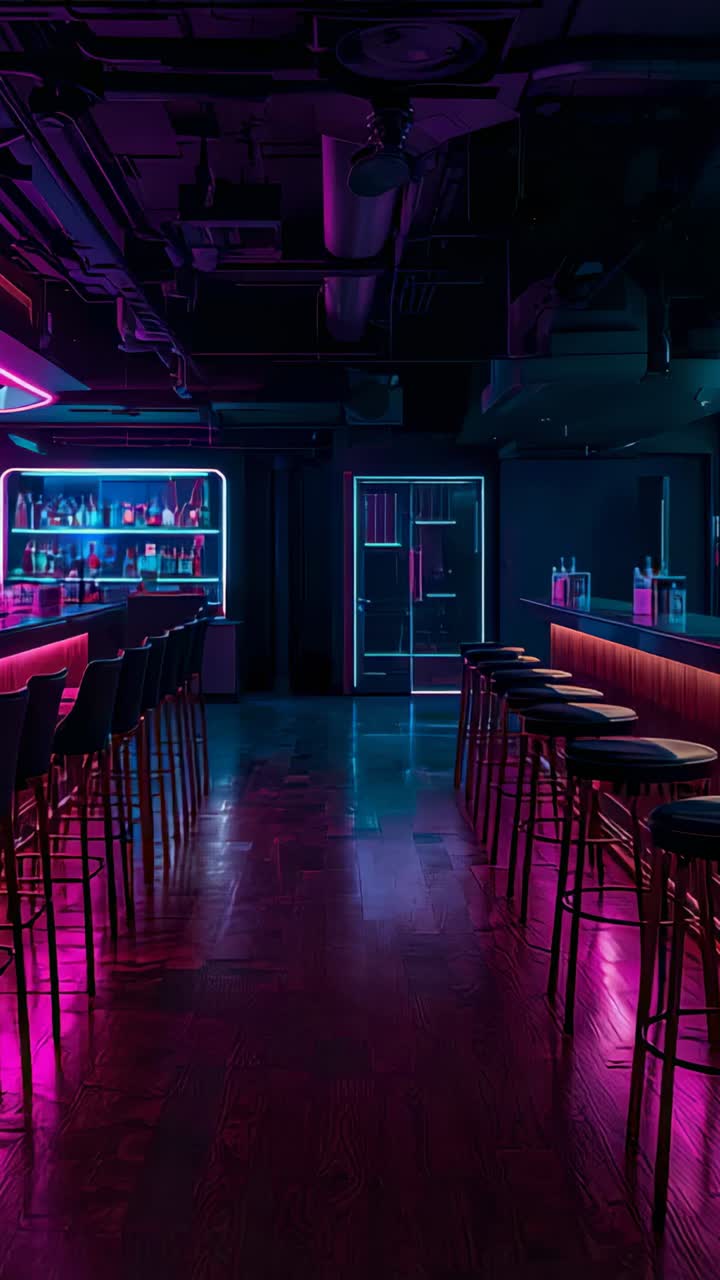 Vertical video: Pulsing neon bathing empty bar counters and stools, creating moody glow on floor