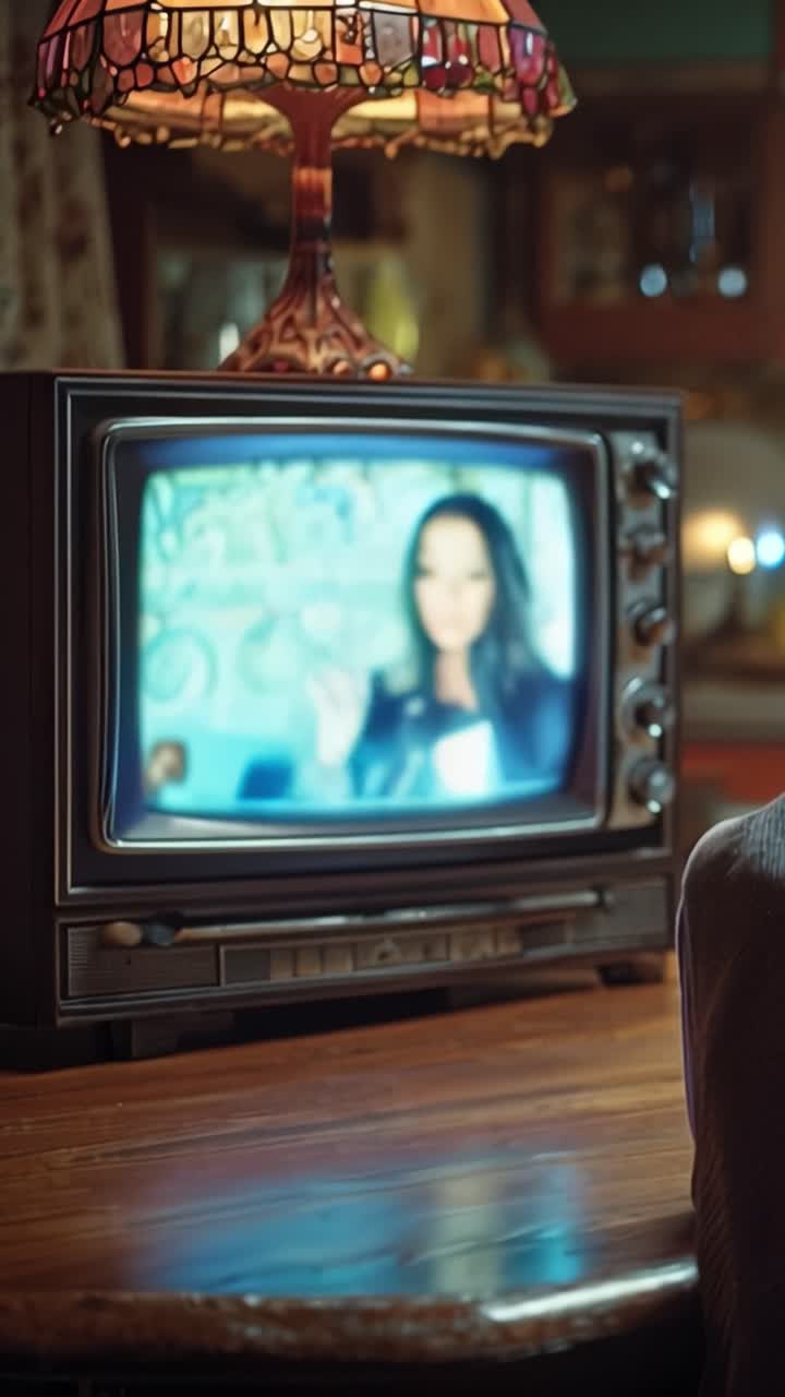 Vecchia TV risplende di un calore vintage. Donna sullo schermo tiene un telefono. Il suo viso mostra un'espressione calma e concentrata. Stanza accogliente con lampada ambra e tavolo in legno. Perfetto per temi retrò, nostalgici o vintage.