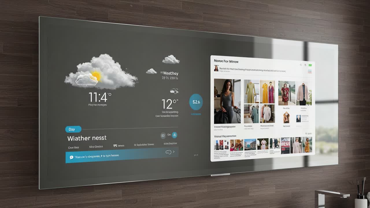 Interactive Smart Mirror Displaying Weather Information and News Updates in a Modern Home Environment with a Sleek Design and User-Friendly Interface