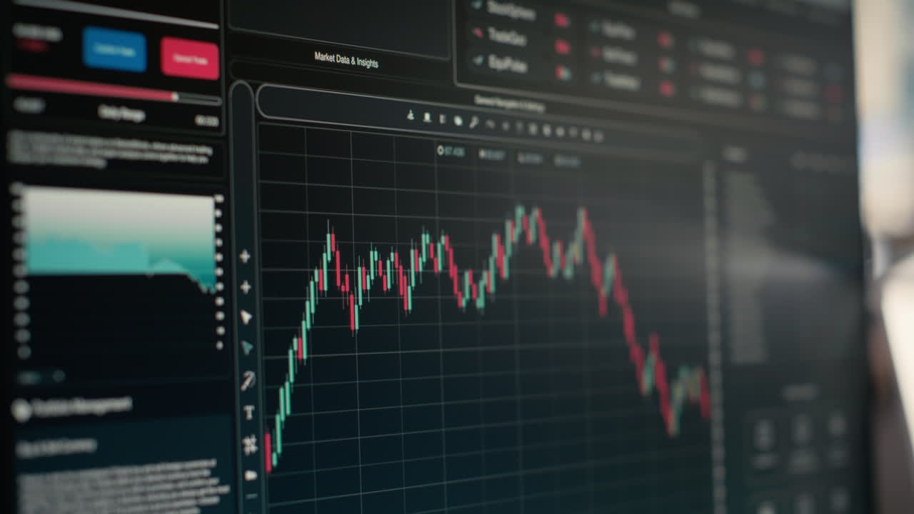 Stock market metrics graphs displayed on computer screens in investment firm
