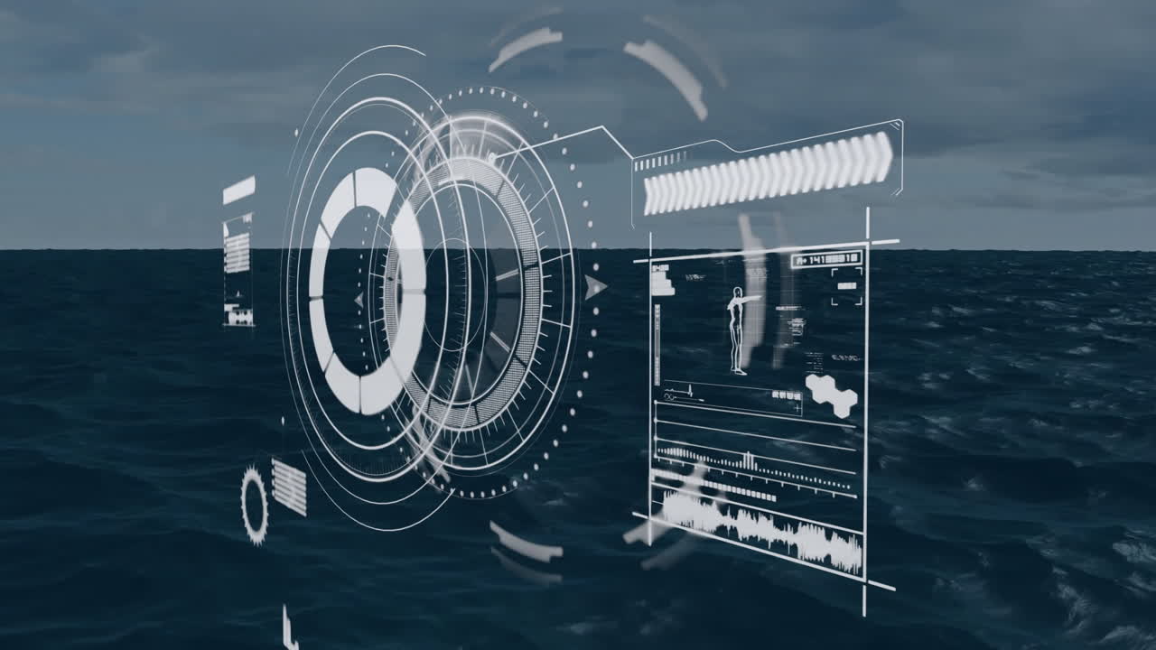 Concentric HUD floating over ocean waves under cloudy sky, showing waveform panels, gear icon