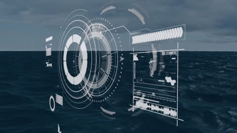 concentric hud floating over ocean waves under cloudy sky, showing waveform panels, gear icon