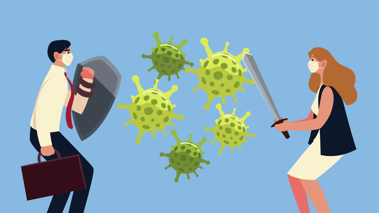 covid-19 입자가있는 의료 마스크를 착용하는 비즈니스 커플