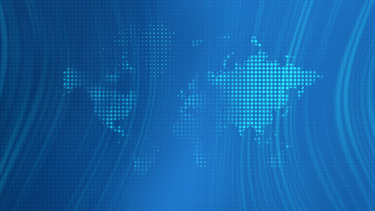 Animated dotted world map over flowing blue wave background with tranquil motion, global news backdrop
