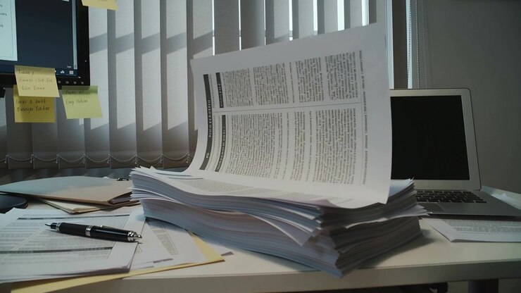 Shifting loose paper stack lifting, curling, sliding and settling on desk at office, laptop visible
