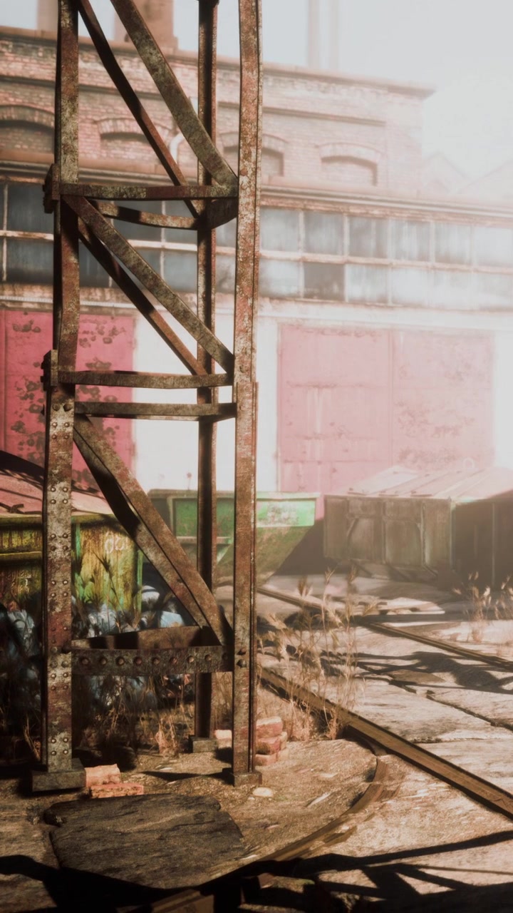 Old industrial site with rusty structures and abandoned items in sunlight