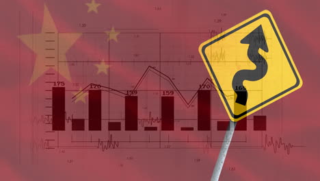 animation of financial data processing over road sign and flag of china