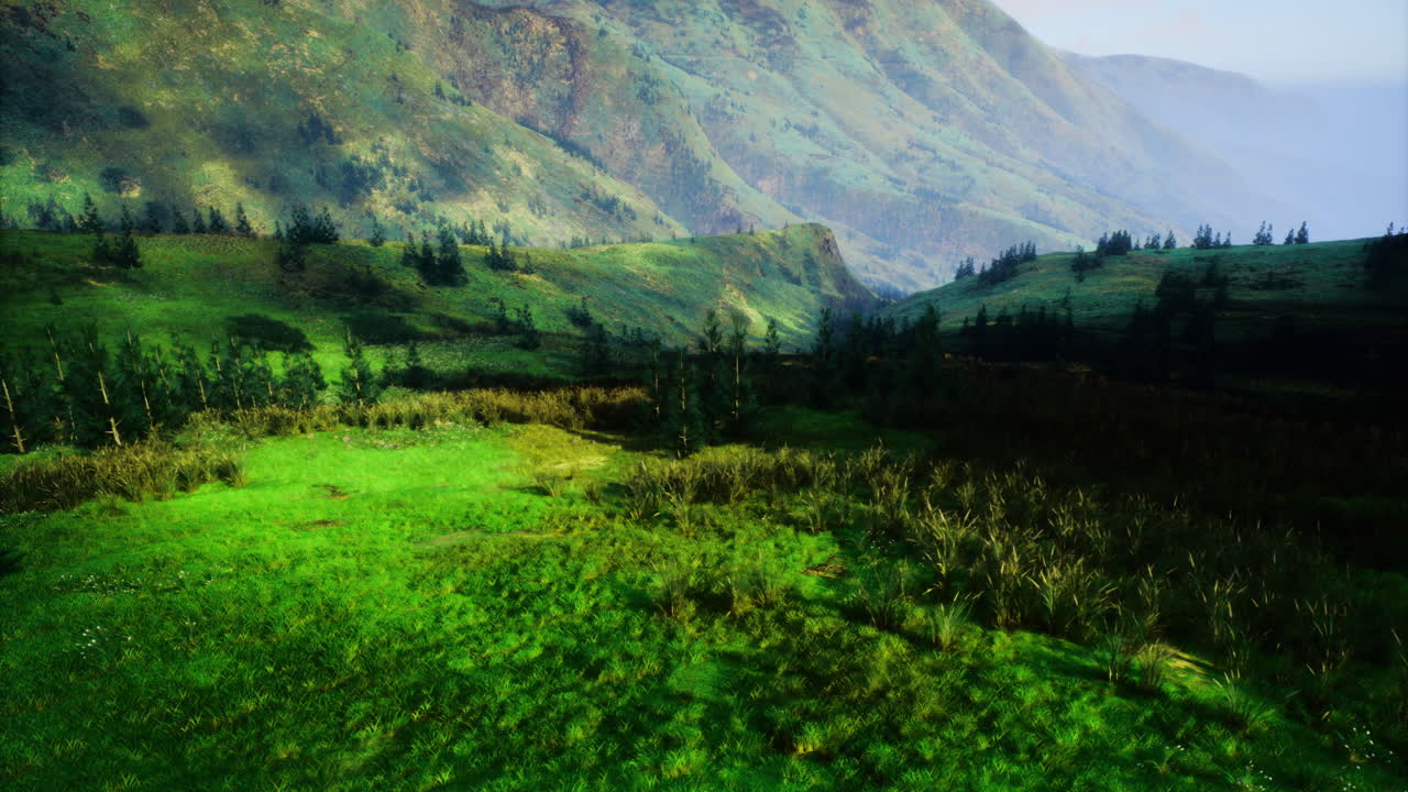 Lush green valley with rolling hills under clear blue sky in daytime
