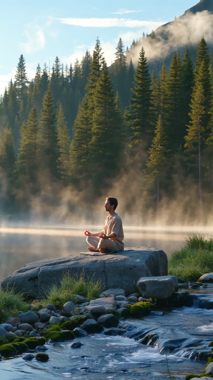 Man Meditating by a Misty Lake at Sunrise