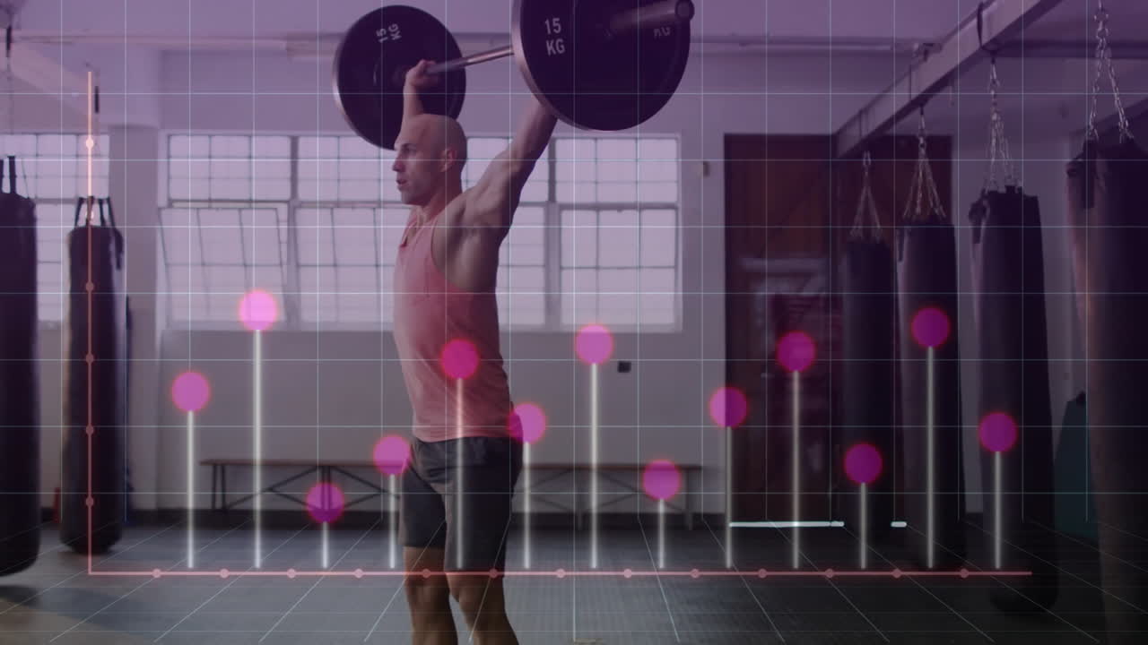 man lifting overhead barbell in fitness gym, showing animated data points and grid overlays