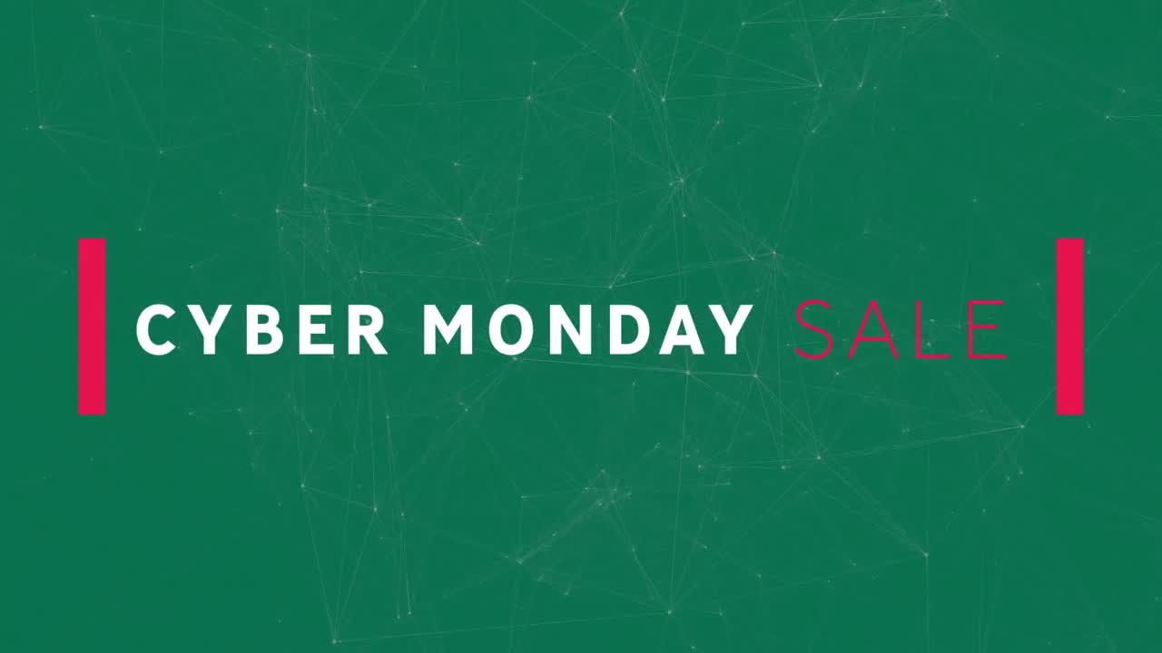 Digital animation of cyber monday text banner against network of connections on green background