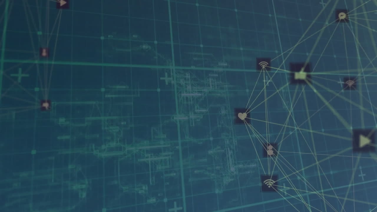 animación de la red de conexiones con iconos sobre fondo verde