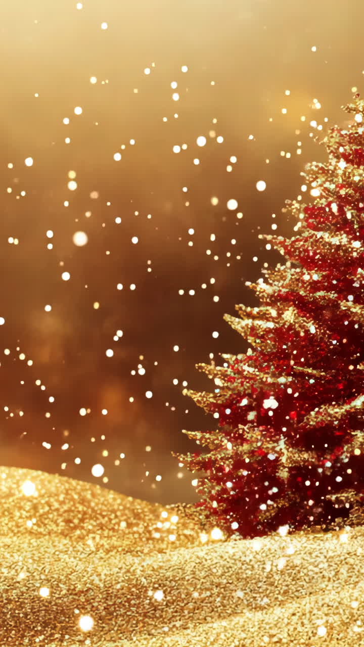 A red christmas tree is surrounded by snow on a hill. The image has a warm and festive mood, evoking the feeling of the holiday season