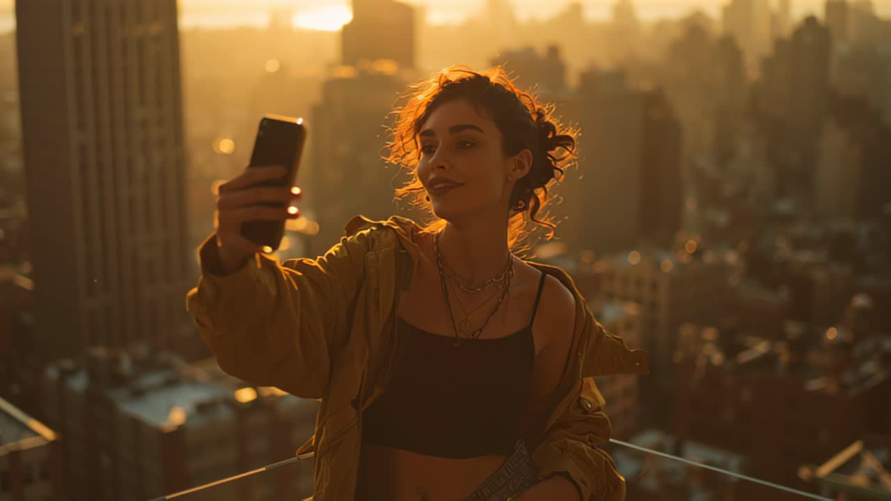 Filmato cinematografico di una giovane donna che si scatta un selfie con lo smartphone su una terrazza panoramica al tramonto, con controluce caldo e skyline urbano sullo sfondo.