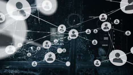 animation of network of connections and scope scanning over cityscape