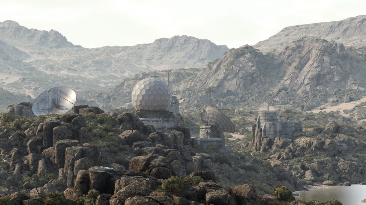 황폐한 산맥에 있는 미래의 군사 포스트