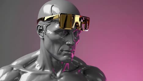 gray man with gold sunglasses and a broken head