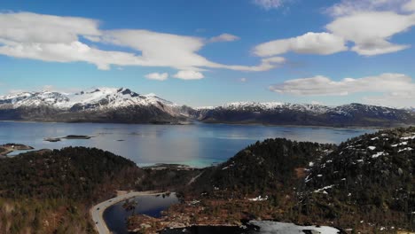 slow motion aerial of a typical norwegian landscape in lofoten islands