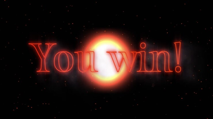 Animation of you win text in red glowing letters over explosion of red fireworks