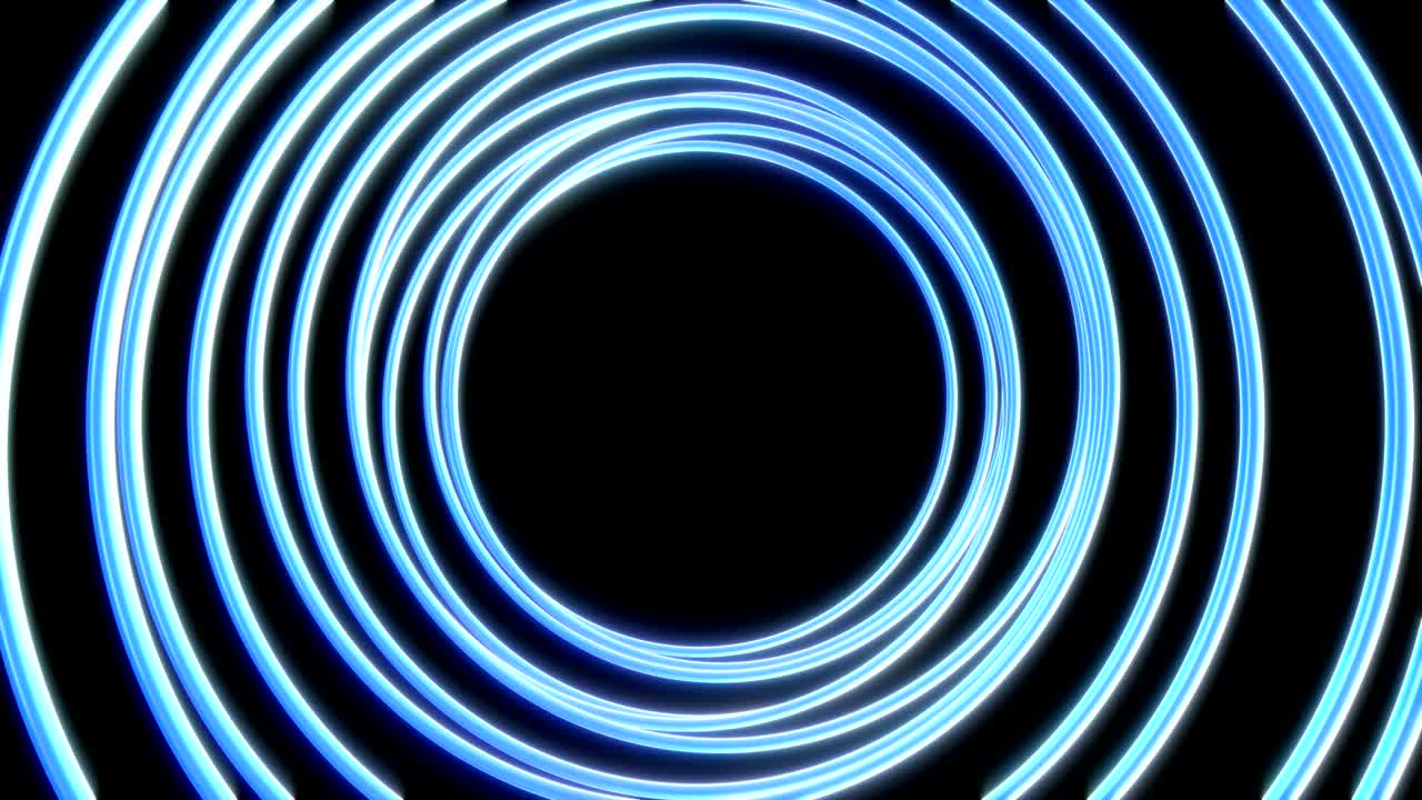 círculos de luz de neón de brillo brillante en color negro. colorido fondo geométrico fluorescente abstracto. renderización 3d futurista en bucle. animación de moda moderna para diseño de transmisión, espectáculo, club.