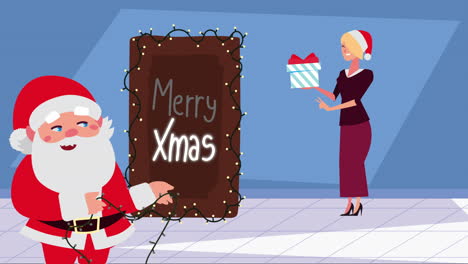 santa claus and businesswoman exchange christmas gifts