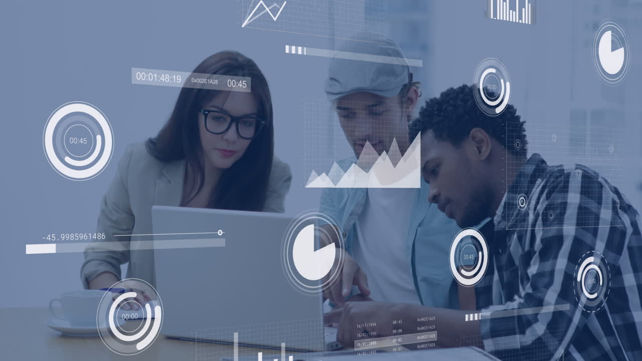 animación de iconos que caen sobre un grupo diverso de personas de negocios