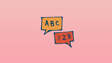 animación de nubes con abc y 123 textos que se mueven sobre un fondo rosa